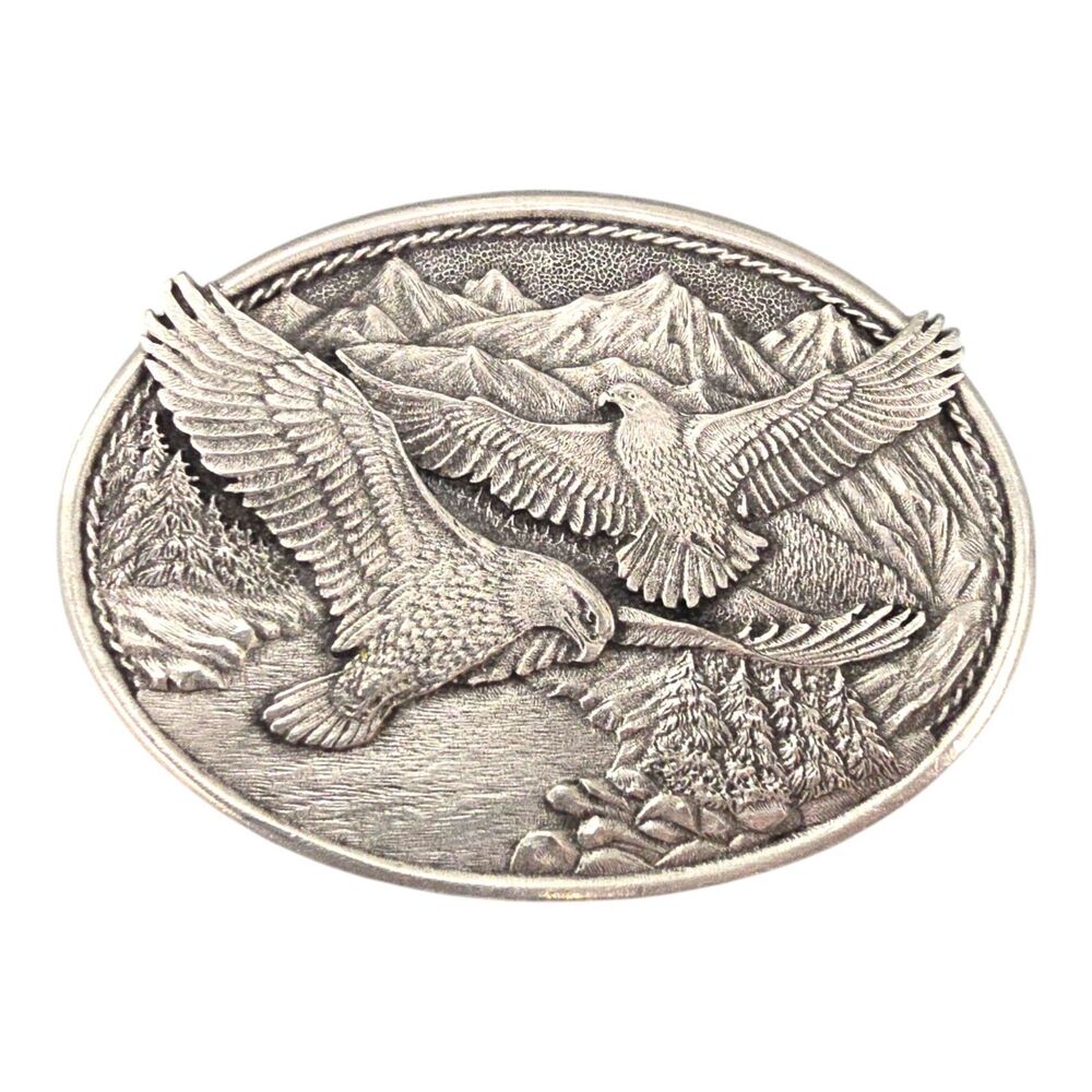 Eagle Belt Buckle Oval Pewter Flying Spreading Wings Mountain Scene by Heritage